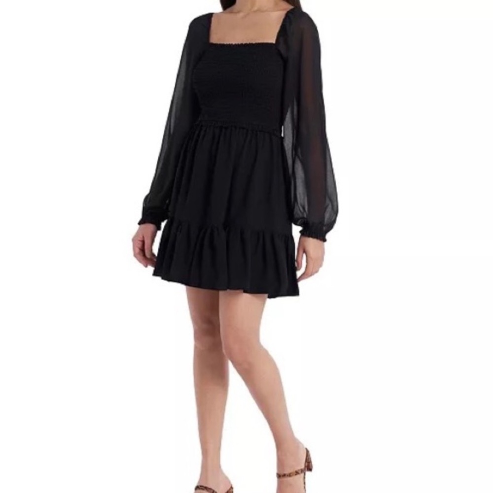 1.state smocked chiffon long sleeve mini dress black S FLAW-needs quick stitch